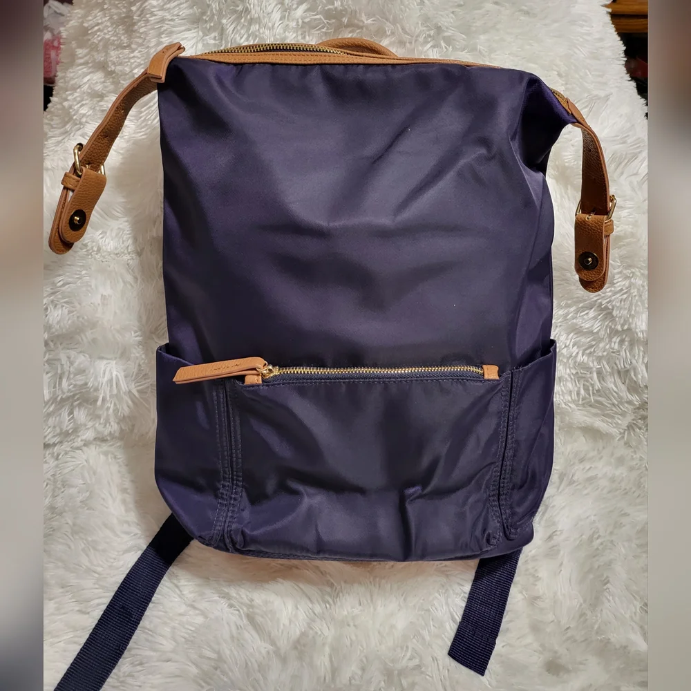NEW! Tommy Bahama Navy Nylon Campus Backpack Tan Faux Leather Trim Handbag